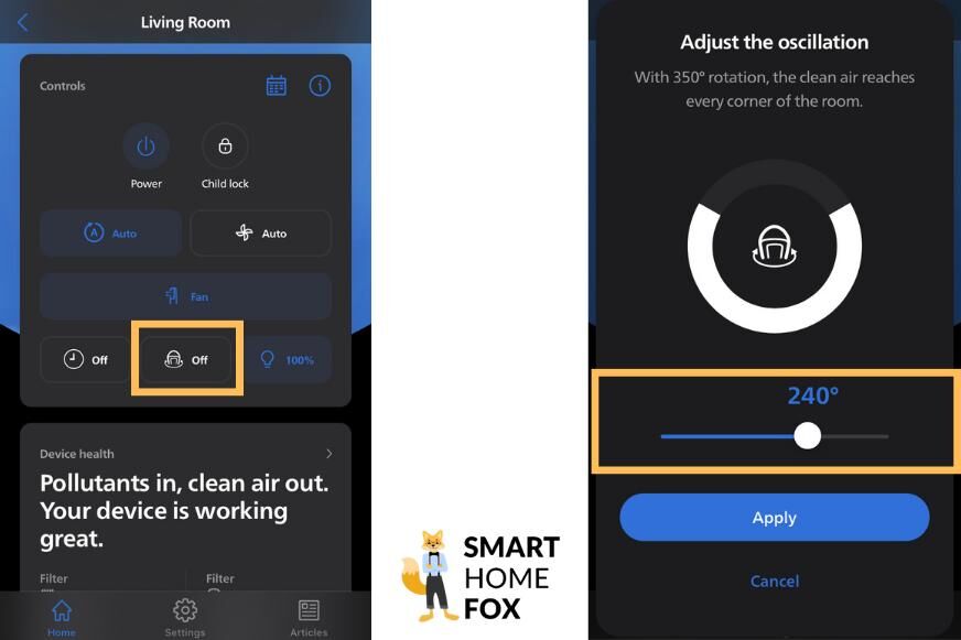 Der Rotationswinkel der Schwenkfunktion des Philips Air Performer Series 8000 Kombigeräts wird in der App per Schieberegler in 5° Sprüngen eingestellt.